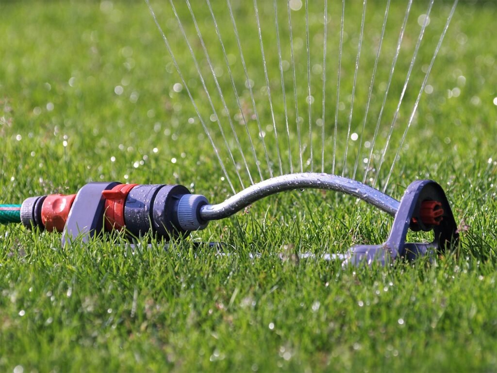 lawn sprinkler, water, hose connection, lawn, nature, garden